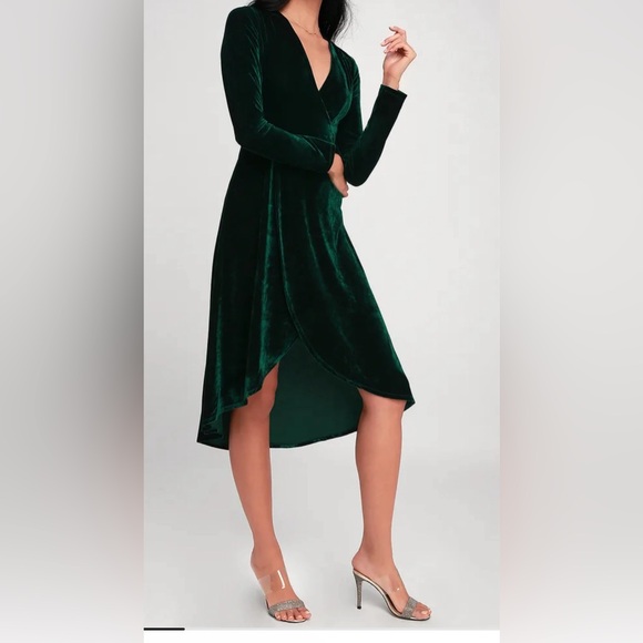 Lulus Silver Screen Emerald Green Velvet Long Sleeve Midi Dress - Picture 2 of 5